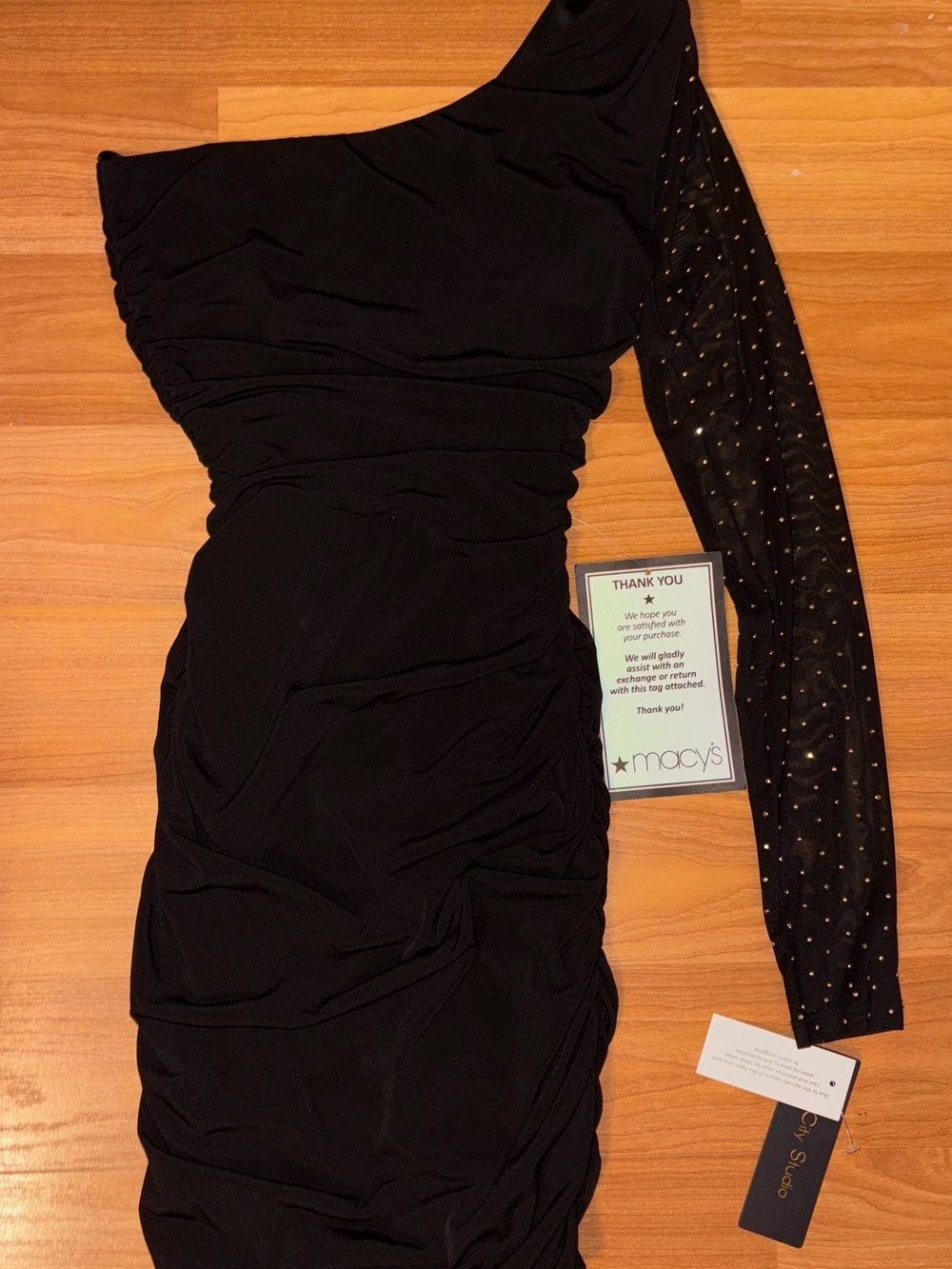 Macy's Black One-Shoulder Dress with Gold Studded Sleeve